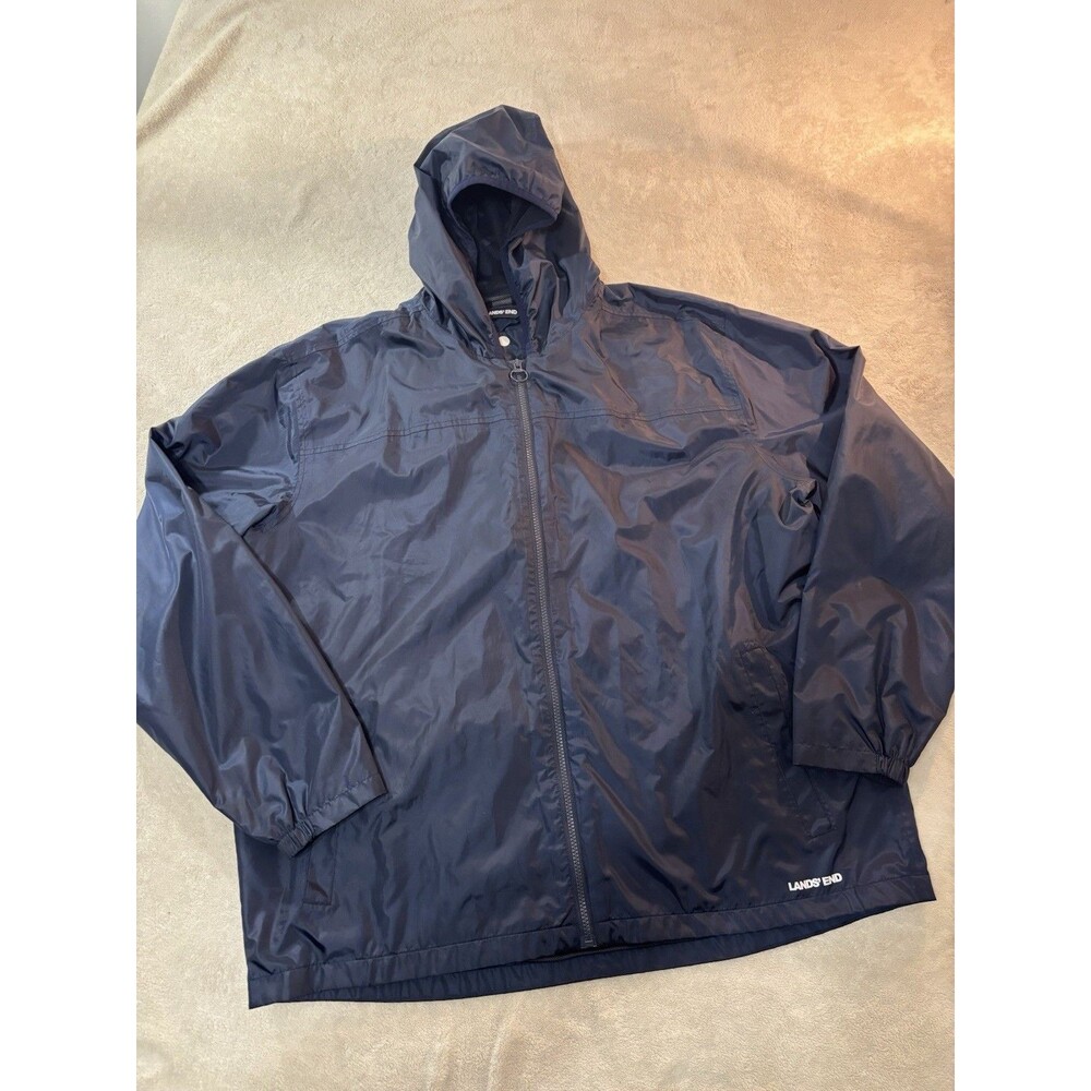 Land's End Navy Blue Waterproof Hooded Full Zip Lightweight Rain Jacket mens XL